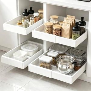 DEKAVA 4 Pack Pull Out Cabinet Organizer Expandable, Adhesive with Nano Film, Pull Out Drawers for Cabinets in Kitchen, Pantry or Bathroom (White, 21“DEEPX[12"-20'']Width-4PACK)