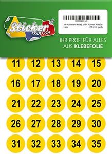 Lot de 100 pastilles adhésives numérotées - 25 mm - Jaune - En film PVC - Résistantes aux intempéries
