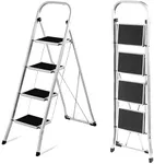 Daniks 4 Step Ladder with Handrail | Foldable Step Stool, Anti-Slip Pedals | Sturdy Lightweight Steel | 330lb Capacity | Silver