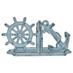 JUCONSIN Anchor Bookends, Antique Blue Nautical Ship Wheel and Anchor Decorative Bookends Set, Heavy Duty Cast Iron, Cute Bookends for Office Home Desk Bookrack Shelves