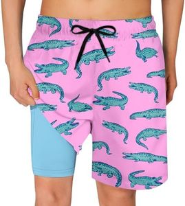 Cozople Bathing Suits for Teens Funny Hawaii Stylish Swim Trunks Swimwear Boxer Brief Liner Beach Board Shorts Pink Crocodile Soft Elastic Waist Surf Swimsuit for Casual Sports Running Size 18-20