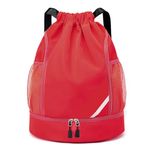 Oziral Drawstring Backpack, Water Resistant Drawstring Bag with Shoe Compartment and Two Side Mesh Pockets, Sports Gym Bag for Woman and Men (Red)