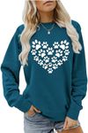 Sunidol Womens Dog Mom Sweatshirts Long Sleeve Dog Paw Print Cute Heart Graphic Crewneck Pullover Casual Tee Tops, 01-blue and White, XX-Large