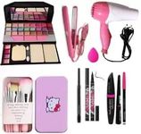 Women's & Girl's TYA 6155 Makeup Kit and 7 Pink Makeup Brushes, 36H, 3in1 Eyeliner, Mascara, Eyebrow Pencil, 1 Kajal,1 Pink Blender, 1 Hair Dryer with 1 Hair Straightener - (Pack of 16)