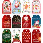 KREEPO Beautiful Printed Gift Tags of Merry Christmas and Happy New Year Greeting Card Handmade Labels with Golden String Cute Cartoon and Santa Design for Christmas (50pcs, Multicolor)