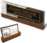 Artblox Personalized Office Desk Name Plate and Business Card Holder | Clear Acrylic Glass with Teak Wood Stand | Black White Marble Design Customized with Your Name and Credentials Office Desk Decor