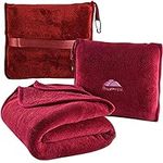 BlueHills Premium Soft Travel Blanket Pillow Airplane Blanket Packed in Soft Bag Pillowcase with Hand Luggage Belt and Backpack Clip, Compact Pack Large Blanket for Any Travel (Red T001)