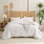 White Comforter Set Queen Size Offwhite Ruffled Comforter Bedding Set Rustic Farmhouse Ruffle Fringe Soft White Microfiber Comforter Set 3 Pieces with 2 Pillow Shams (White, Queen)