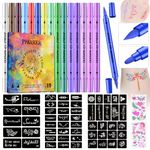 PFARRER Temporary Tattoo Markers for Skin, 15 Body Markers + 64 Large Tattoo Stencils & 2 sheets Glow Stickers for Kids and Adults, Dual-End Tattoo Pens with Bold and Fine Lines safty inkZYH2310001KIT