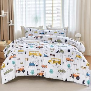 WINLIFE Queen Size Comforter Set for Boys 3-Piece Kids Bedding Set Teen Construction Bedding Comforter Set Reversible, Ultra Soft and Fluffy, Cartoon Excavator Truck Cars Queen Bed Set