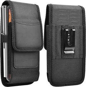 TDG® Nylon Mobile Cell Phone Belt Pouch Holster case Cover with Belt Clip and Loops - Card Holder RFID Protection - Velcro Flap - for Apple iPhone with Slim Case on (iPhone 14 Pro, Black_NC)
