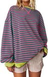 UEU Womens Long Sleeve Striped Sweatshirts Casual Fashion Crew Neck Pullover Tops Pink Green Striped XX-Large