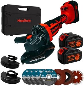 MoJoTools 21V Brushless Cordless Angle Grinder Kit, 4-1/2” 9000 RPM, 2×4.0Ah Batteries & Fast Charger, 8 Discs (5 Metal + 1 Wood + 2 Grinding), Dual Guards (Thick + Standard), Side Handle & Wrench
