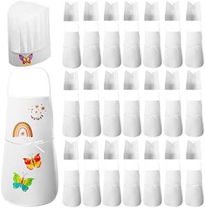 JaGely 60 Pcs Kids Apron and Chef Hat Set with 30 Children Aprons 30 White Chef Hats Kids Chef Costume Non Woven Fabric Girls Boys Child Apron for Baking Cooking Painting Crafting