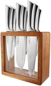 Cuisine::pro Damashiro Knife Block (Hiryu, 10-Piece Set) - Premium Japanese Steel Knife Set with Acacia Wood Block & Tempered Glass Window - Damascus-Inspired Blade