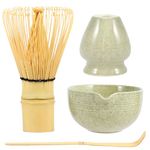 4Pcs Matcha Whisk Set, Matcha Tea Set with Whisk and Bowl, Matcha Spoon, Whisk Holder, 500ml Ceramic Bowl with Pouring Spout, Handmade Matcha Making Kit for Tea Ceremony Tea Drinking(Matte)