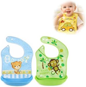 BabyGo Silicone Baby Bibs | Detachable Waterproof Apron Feeding Bibs for Infants & Toddlers, Washable, Reusable & Adjustable Neck, Soft & Durable Feeding Bibs | Set of 2 (Random Colors)