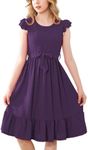 RETSUGO Girls Dresses Ruffle Sleeve Dress Flutter Hem A-Line Swing Pleated Tiered Casual Solid Color Party Dress 6-14 Years, Dark Purple, 7-8 Years