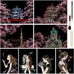 Scratch Art for Kids & Adult, Magic Rainbow Flower Engraving Painting Paper, Landscape Scratchboard(A4) Sketch Beautiful Crafts Set: 8 Sheets with 4 Tools - Drawing Pens, Cleaning Brush(Girl/Sakura)