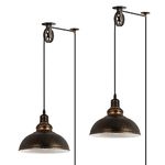 KIGHSIN Industrial Plug in Pulley Pendant Light with 19.5ft Cord On/Off Switch, Vintage Barn Bronze Domed Hanging Ceiling Light Fixture for Farmhouse Kitchen Island Living Dining Room (2 Pack)