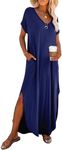 Dokotoo Spring Summer Dresses for Women 2025 Vacation Cruise Outfits Beach Dresses Long Sun Dress T Shirt Dress Short Sleeve Casual Loose Maxi Dress Bathing Suit Cover Up Sundress Navy Blue Dress M