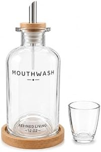 Mouthwash Dispenser for Bathroom, 12 OZ Refillable Glass Mouthwash Bottle with Cup and Bamboo Tray, Decorative Mouth Wash Dispenser Set for Bathroom