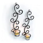 Lily’s Home Deco Swirl Wall Sconce Tea Light Candle Holders, Steel, Black, Set of 2, with 2 Clear Glass Tealight Candle Holders