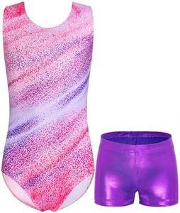 Domusgo Leotard for Girls Gymnastics Size 5-6 Years Old Stripes Sparkly Colorful One Piece Set with Shorts