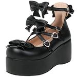 KISSASA Womens Goth Lolita Platform Shoes Bow Mary Jane Wedges Strappy Court Shoes Size 7.5UK,Black