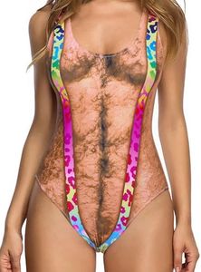 uideazone Women Chest Muscles Bikini One Piece Swimsuits Funny Leopard Monokini Swimwear Bathing Suit Beachwear with Removable Chest Pad L for Independence Day Party Beach Vacation Swimming Pool
