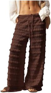 RoseSeek Women's Crochet Lace Pants Ruffle Layered Elastic Waist Mesh Bathing Suit Cover Up Beach Pants Coffee Brown Medium
