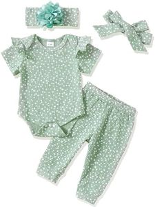 Renotemy Newborn Baby Girl Clothes Summer Outfits Baby Girl Newborn Essentials Knit Ribbed Floral Romper 0-3 Months Baby Clothes For Girls Green