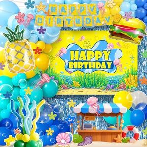 Sponge Birthday Decorations,Under the Sea Sponge Party Supplies with Hamburger Balloons,Balloon Arch Kit,Backdrop Bubble Garland and Foam Flower for Ocean Theme Party,Mermaid,Baby Shark