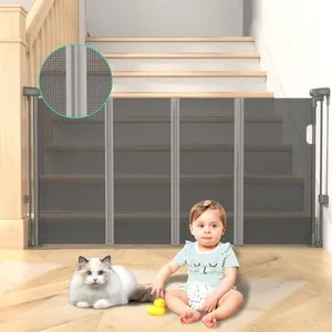 Retractable Baby Gate with Reinforced Strips, 33"*55" One-Side Operation Mesh Baby/Dog/Pet/Cat Gate, Child Safety Retracable Gate with 2 Avoid Skirting Board for Doorways Indoor/Outdoor, Grey