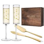 AW BRIDAL Gold Cake Cutting Set for Wedding Champagne Glasses Engraved Mr & Mrs Bridal Toasting Champagne Flutes for Wedding Gifts for Couple Cake Knife and Server Set for Anniversary Engagement Gifts