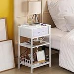 White Nightstand with Charging Station, Bed Side Table Night Stand with Drawers & Storage Shelf, Bedside Tables for Living Room Bedroom, Home Office