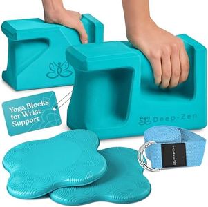 Deep-Zen PRO Yoga Blocks | Ergonomic Yoga Block 2 Pack for Wrist Comfort and Support | EVA Foam Exercise Blocks, 2x Knee Pads & Yoga Strap | Pilates Block Set | Bricks to Eliminate Wrist Pain, Blue