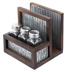 MyGift Rustic Farmhouse Napkin Holder Spice Rack Combo Set - Dark Brown Solid Wood and Corrugated Galvanized Metal Caddy with 3 Shakers for Salt Pepper Seasonings