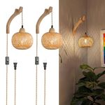 Frideko Bamboo Wall Sconces Set of Two Plug in, Boho Wall Lamp with Plug in Cord, Farmhouse Wall Light Fixtures with 9.84FT On/Off Switch Cord, Rattan Sconces Wall Lighting for Bedroom Living Room