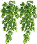 Artificial Hanging Plants 2 Pack, Fake Hanging Monstera Leaves Ivy Vine Faux Greenery Tropical Palm Leaves Hanging Plants UV Resistant Jungle Leaf Plant for Garden Home Hawaiian Party Outdoor Décor