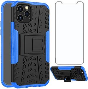 Phone Case for iPhone 12 Pro iPhone12 6.1 with Tempered Glass Screen Protector Cover and Stand Kickstand Rugged Hybrid Protective Cell Accessories iPhone12pro 5G i 12s iPhone12 12pro Cases Black Blue