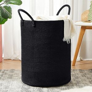 MOJOSCEND Black Laundry Basket Woven Hamper, 15Dx20H inches Tall Cotton Rope Laundry Basket, Large Clothes Hamper for Bedroom and Dorm, Baby Nursery Kids Laundry Basket Organizer