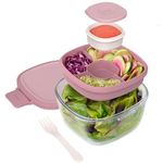 (Rose) - Bentgo Glass - Leak-Proof Salad Container with Large Salad Bowl, 4-Compartment Bento-Style Tray for Toppings, 89ml Sauce Container for Dressings, and Built-In Reusable Fork (Rose)