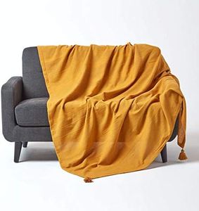 Homescapes Rajput Large Bedspread, Mustard Yellow, 100% Cotton, 225 x 255 cm, Sofa Throw/Couch Throw in Ribbed Look