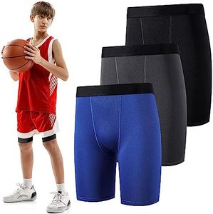 Hoolerry 3 Pcs Youth Boys Compression Shorts Athletic Underwear Sports Performance Boxer Briefs Spandex Underwear for Running, Black, Gray, Navy Blue, Large