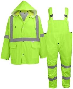 GGS Three-Piece Rain Suit - High Visibility, Waterproof Bibs and Jacket with Detachable Hood, Lightweight Rainwear for Construction, Camping, Hiking, Fishing Gear