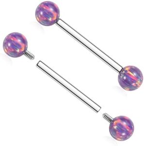 AROWRO Nipple Bars Titanium Nipple Jewelry 14 Gauge Long Bar Nipple Rings Internally Threaded Tongue 16mm Nipple Piercing Purple Opal Nipple Piercings Silver Nipple Barbells