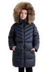 SOLOCOTE Girls Puffer Winter Coat Faux Down Fur Hood Sherpa Lined Heavyweight Water-Resistant Parka Jacket, Navy, 8 Year