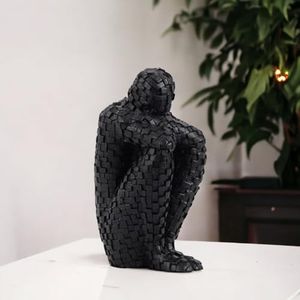 Marco Furniture Thinking Man Human Figurines Home Decor - Handcrafted Minimalist Style Resin Stone Human Statue Abstract Art Sculpture Creative Figures (Black)