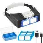 Beileshi Rechargeable Head-Mounted Magnifier with LED Light, Headband Double Lens Illuminated Reading Magnifier Loupe Jewelry Visor Opitcal Glass Binocular Magnifier with Lens -1.5X 2X 2.5X 3.5X